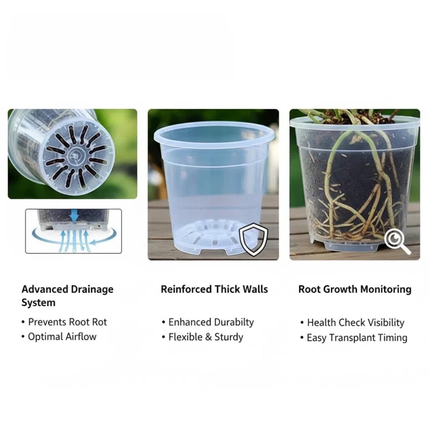 Vmeoap 12 Pack Clear Plant Pots with Saucers (5/6/7/7.5") - Extra Thick Transparent Plastic Nursery Pots for Orchids & Indoor Plants, Excellent Drainage Holes & Bonus Gardening Gloves
