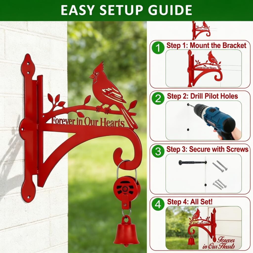 Ammzus Cardinal Memorial Plant Hanger Hook for Outdoor Indoor Hanging Plants, Lanterns, Bird Feeders, Wind Chimes - 8.3"x9.8" Rust-Resistant Metal Wall Bracket with Forever in Our Hearts Design