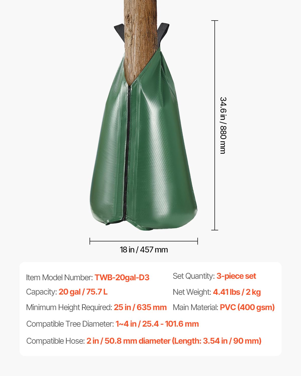 VEVOR Tree Watering Bag Slow Release 3 Pack 20 Gallons, Water Bags for Trees, Refillable Tree Drip Irrigation Bags with Zipper, Durable Tree Watering System for Deep Root Targeting