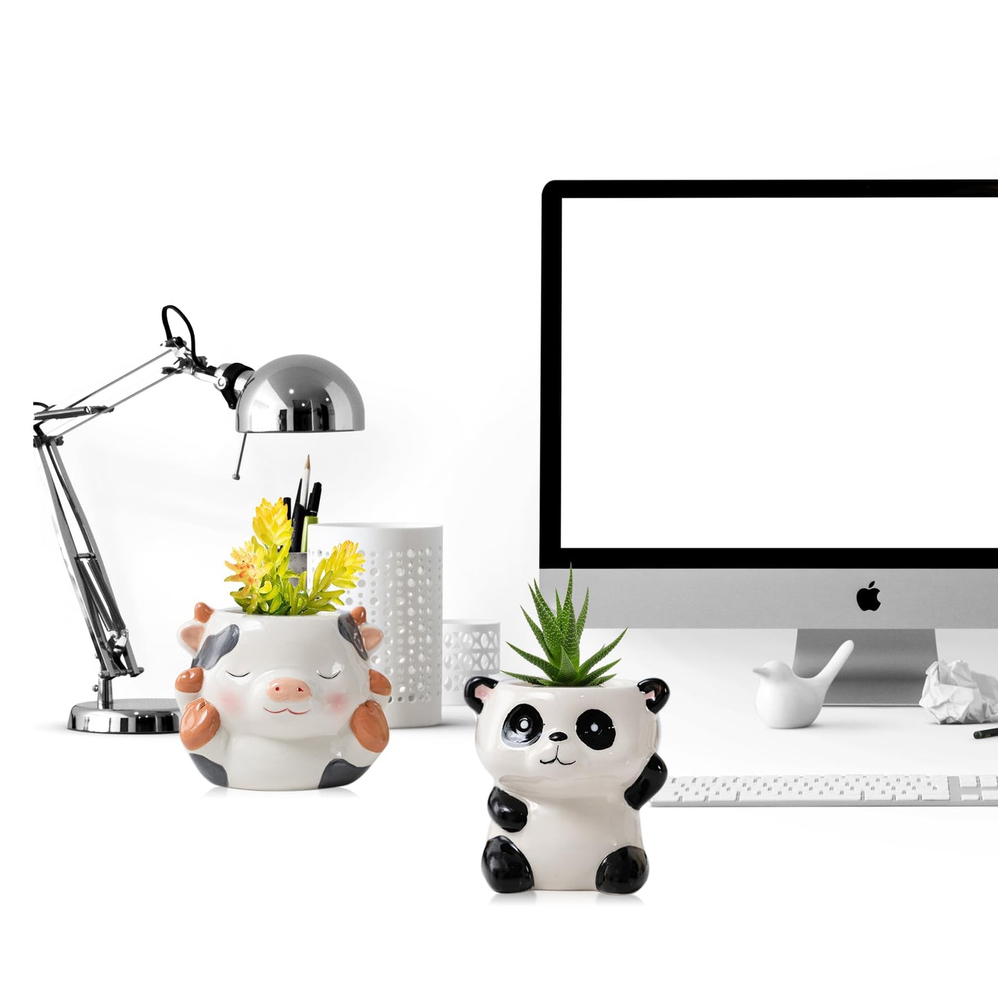 DIYOMR Cute Animals Planter, Mini Ceramic Cartoon Animal Shaped Succulent Flower Pot Indoor Air Plants Holder, Smooth Shiny Decorative Flower Cactus Planter - Plants Not Included (Milk Cow)