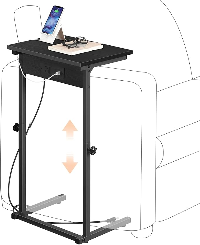 HOOBRO C-Shaped End Table with Charging Station, Adjustable Height Sofa Tray