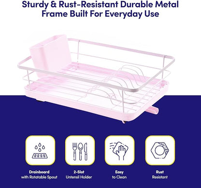 Dish Drying Rack 3 Piece Dish Drainer with Drainboard Set for Kitchen Counter – Dish Rack with Removable Utensil Holder & Swivel Spout for Countertop – DishRack for Plates, Cups & More, Pale Pink