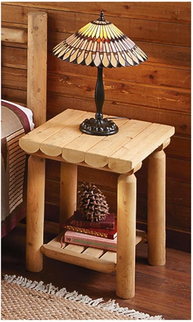 CASTLECREEK Cedar Log Side Table Nightstand, Rustic Natural Unfinished Wood End