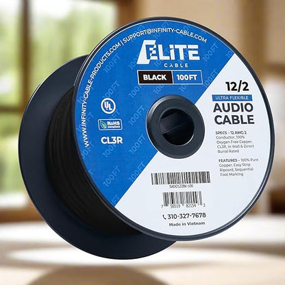 Elite 12/2 Speaker Wire 100ft, UL Listed, CMR/CL3R, (Riser/in-Wall & Outdoor/In-Ground (Direct Burial)- 100% Oxygen Free Pure Bare Copper (OFC), 12AWG/2-Conductor, 100ft Bulk Cable (65 Strands) Black