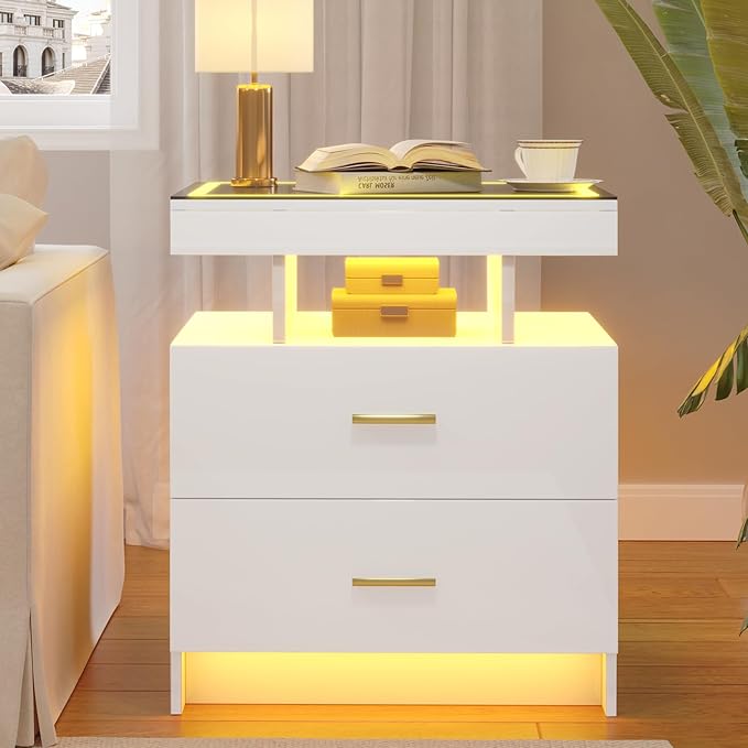 LED Nightstand Set 2 with Wireless Charging Station, Glass Top Smart Bedside