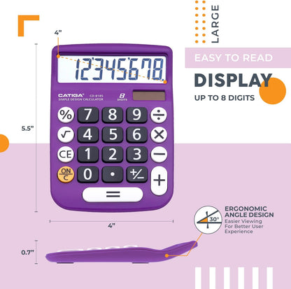 CATIGA Desktop Calculator 8 Digit with Solar Power and LCD Display, or Home, Office, School, Class and Business, 4 Function Small Basic