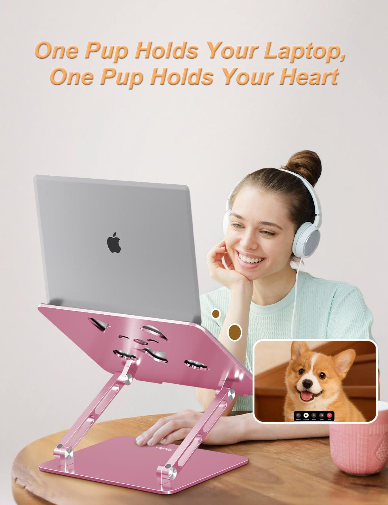 Aoviho Laptop Stand For Desk-Adjustable, Foldable, Portable, Ergonomic Aluminum Notebook Riser with Unique Puppy Cooling Vent, Desk Gift for 10"-17.3" Devices Mac, Dell, HP, Lenovo, Samsung, Rose Gold