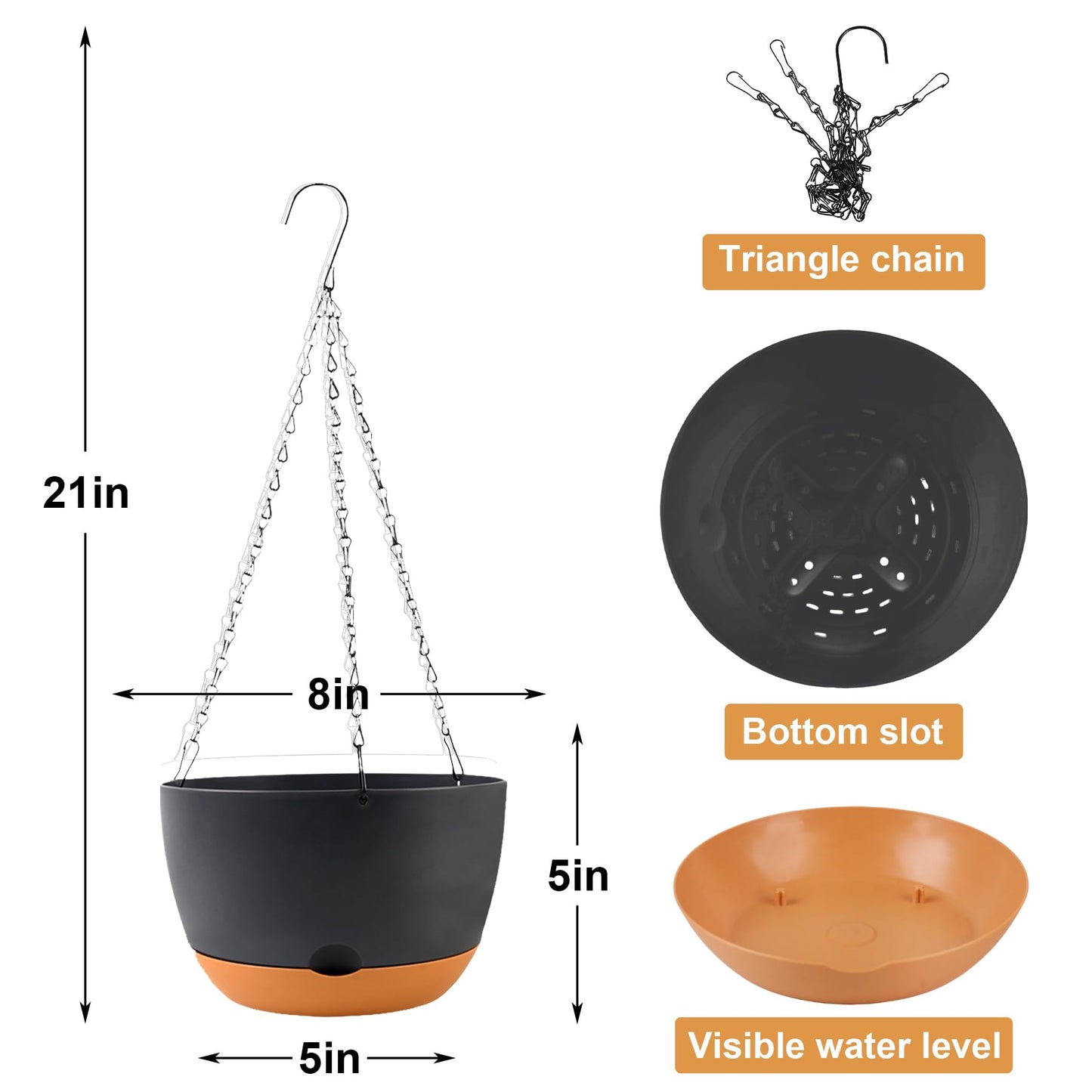 KPUVX 4 Pack Plastic Hanging pots for Plants Indoor,8 Inch Plant Pot Indoor Outdoor Hanging Baskets,Hanging Flower Pots with Drainage Holes and Chain for Garden Porch Plants(Black)