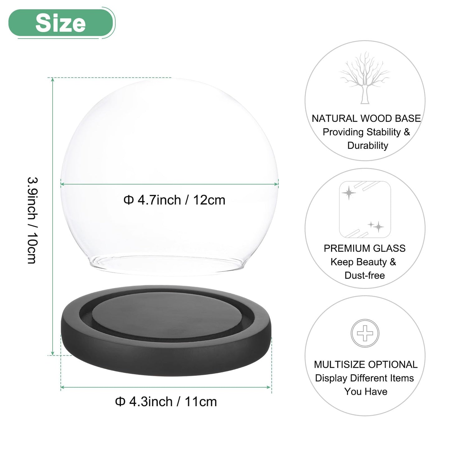 M METERXITY Cloche Glass Dome, D4.7In Ball Jar with Wooden Base for DIY Snow Globes/Small Plants/Flowers/Candles/Models/Souvenirs, Glass Display Case [Black]