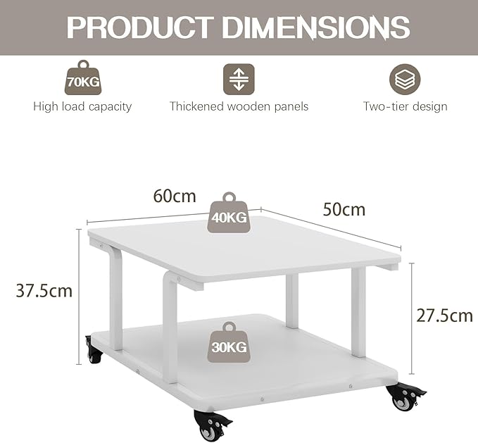 Natwind 2 Tier Laser Printer Stand,24''x20''x15'' Large Printer Table Copier Stand Under Desk,Heavy Duty Rolling Cart with Paper Storage Shelf,Printer Holder on Wheels for Home Office (White)