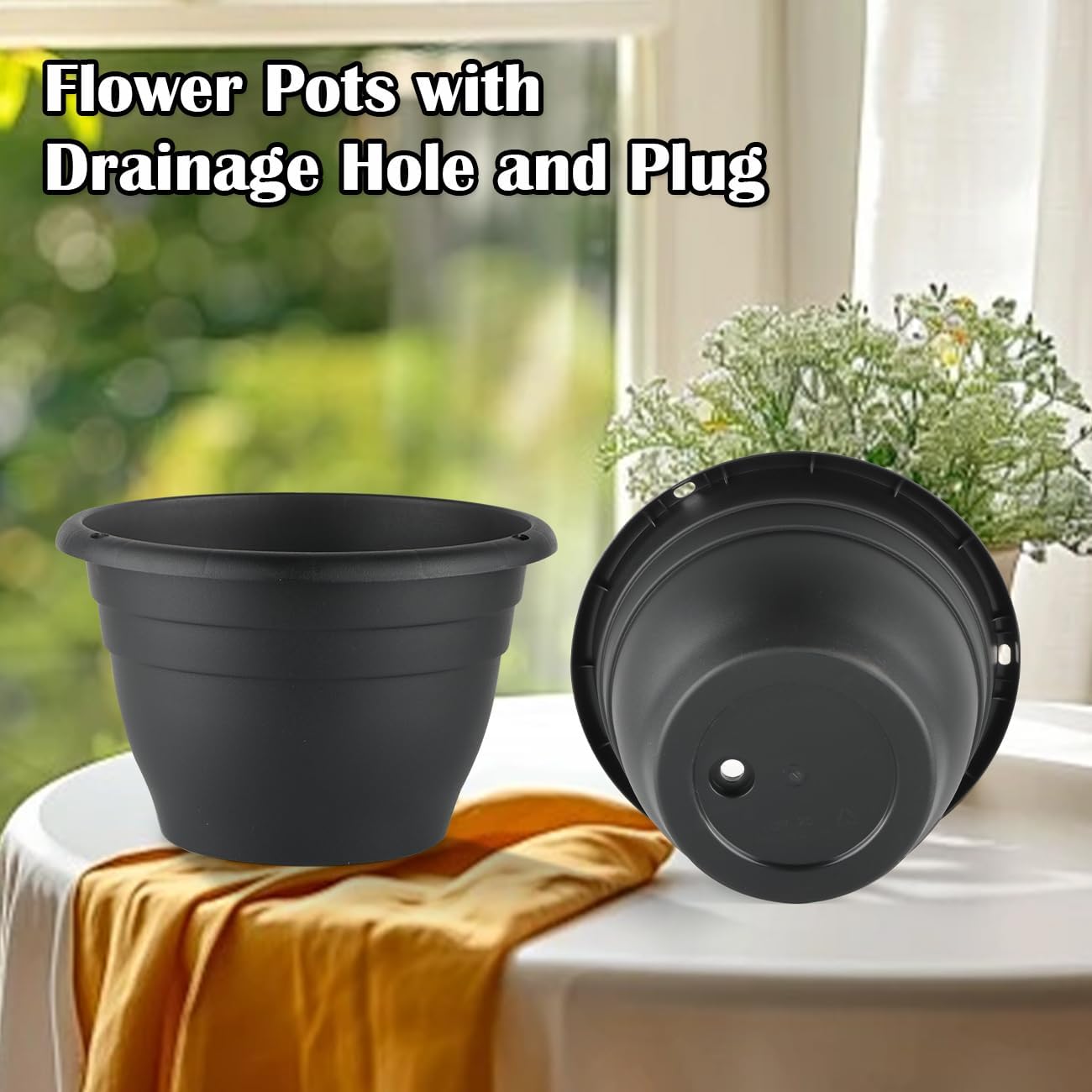 RooTrimmer 5 Pack 10 Inch Plant Pots Plastic Planters with Drainage Holes & Plugs,Lightweight Flower Pots for Indoor Outdoor Plants,Flowers,Monstera,Snake Plant,Home Garden(Black)