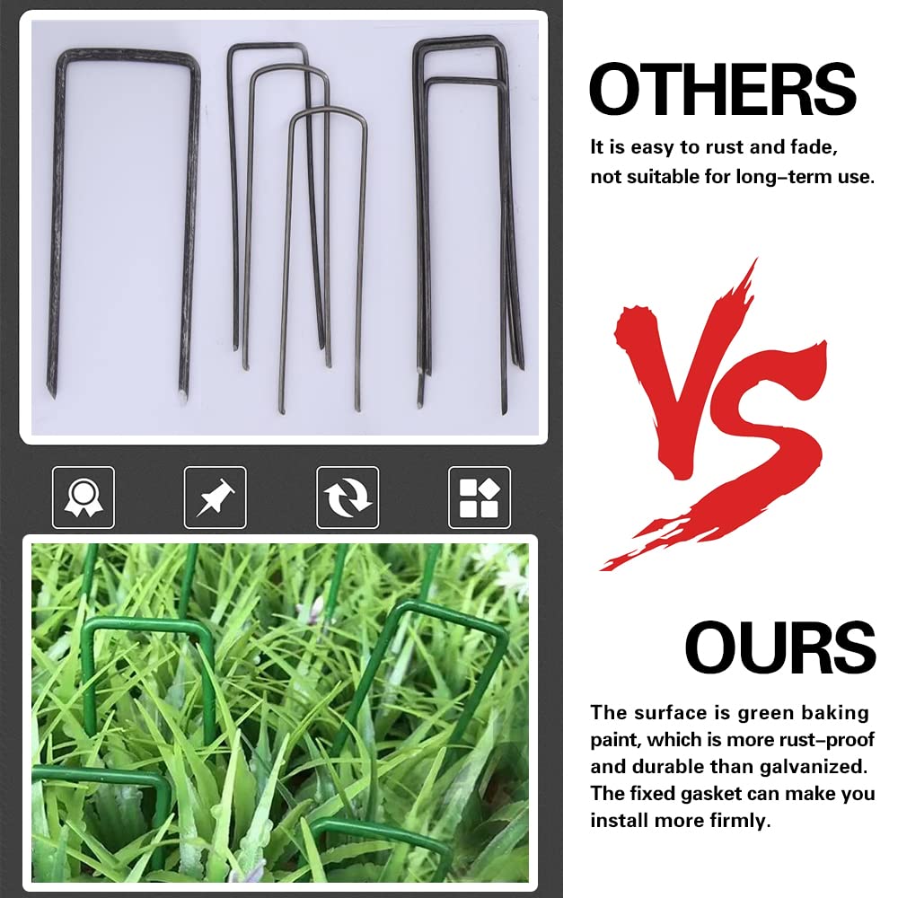 Bakulyor 50pcs Green Artificial Turf Stakes Staples + 50pcs Buffer Washer, 6 Inch 11 Gauge Landscape Staples, Galvanized Lawn Spikes, Heavy Duty Yard Ground Pin for Grass Weed Barrier Sod Fabric