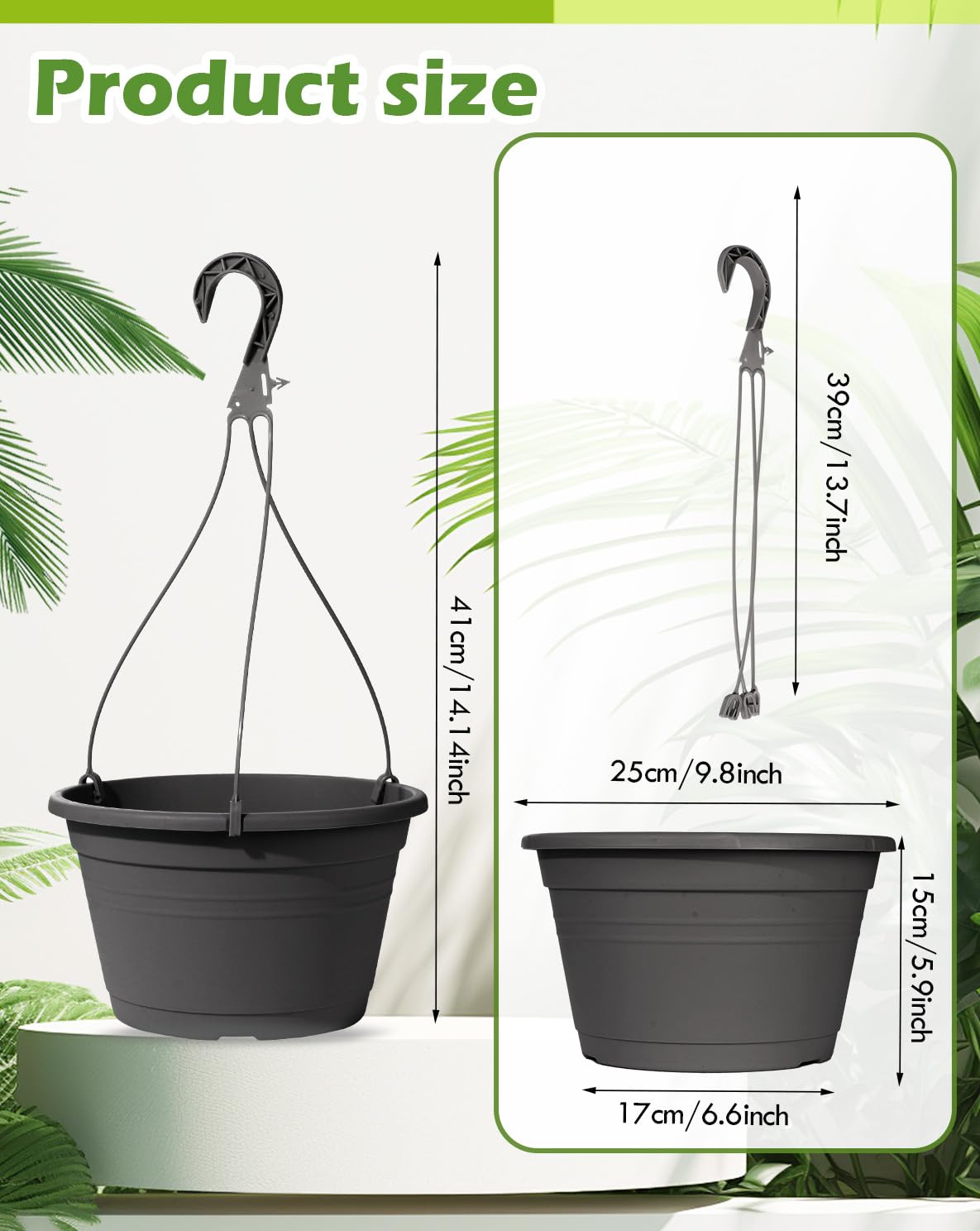 VIDELLY 4 Pcs Hanging Planters,10" Hanging Pots Plastic Hanging Flower Plant Basket with Drainage Trays & Chain Holder for Outdoor Indoor Plants Garden Balcony Decoration, Dark Gray