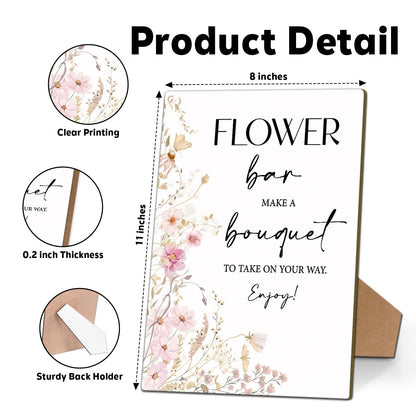 Floral Bloom Bar Sign Wedding Welcome Sign, Bridal Shower Wedding Engagement Bachelorette Party Desk Decorations, 8x11 Inch Wooden Sign with Stand-02