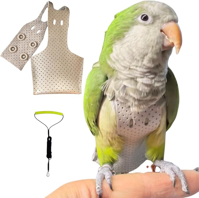 Premium Genuine Cowhide Bird Flight Harness Anti Bite Breathable Parrot Diaper Parrot Suit with Leash for Parakeet Conure Quaker Flying Clothes Rope and Handle (with Leash,Macaw)