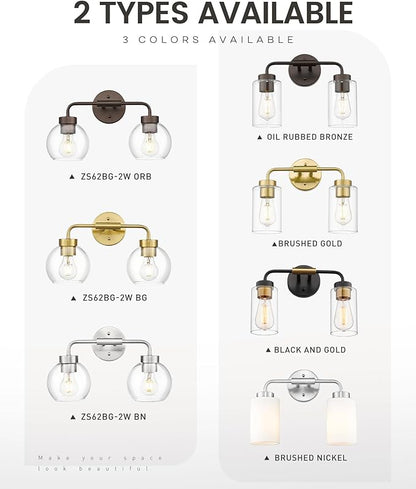 zeyu 16 Inch Wall Sconce Lighting for Bathroom, Gold Bathroom Vanity Light, 2-Light Vanity Lights with Clear Glass Globe Glass, Brushed Gold Finish, ZS62BG-2W BG