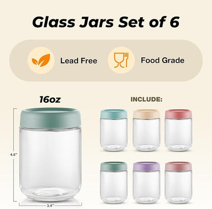 6 Pack Overnight Oats Containers with Lids, Wide Mouth Mason Salad jars 16oz, Glass Jar with Airtight Lids, Salad Meal Prep Jars for Food Storage, Overnight Oats Jars for Milk, Fruit