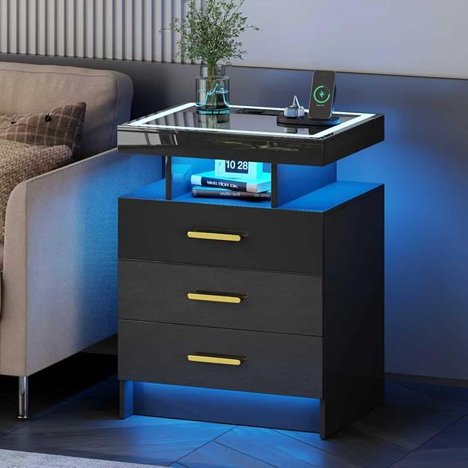 Black Night Stand with Wireless Charging Station, Smart Bedside Table with 3