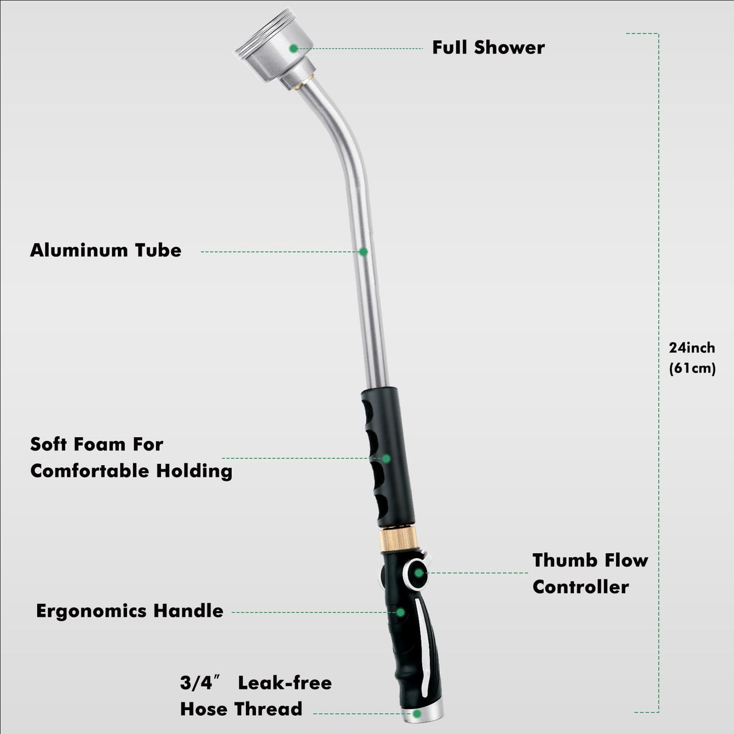 RESTMO Long Watering Wand, 24 Inches Gentle Soft Full Shower Sprayer Wand with Thumb Flow Control, Heavy Duty Metal Hose Wand for Hanging Baskets, Shrubs, Plants, Flowers, Garden and Lawn, Silver