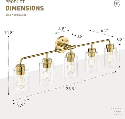 zeyu 5 Light Sconces Wall Lighting, 37 Inch Bathroom Vanity Light Fixtures, Brushed Gold Finish, Clear Glass Shade, ZS62B-5W BG
