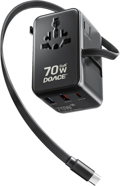 DOACE 70W Universal Travel Adapter, 6-in-1 International Plug with Built-in USB-C Cable, PD Fast Charging Worldwide Wall Charger for EU/UK/US/AU