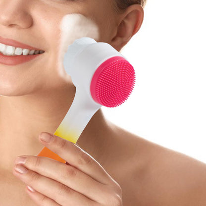 Face Brush 2 in 1, Facial Cleansing Exfoliating Scrubber Brush, Silicone Double Side Manual Face Wash Scrub Brush with Soft Bamboo Charcoal Fiber for Deep Pore Cleansing, Massaging, Skin Care