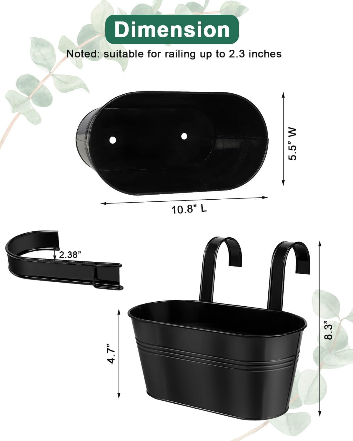 Metal Railing Planters for Outdoor Plants - 3 Pcs Balcony Hanging Flower Pots with Detachable Hooks & Drain Holes, Windowsill Oval Hanging Bucket Pots Fence Planters for Garden Home Decor, Black