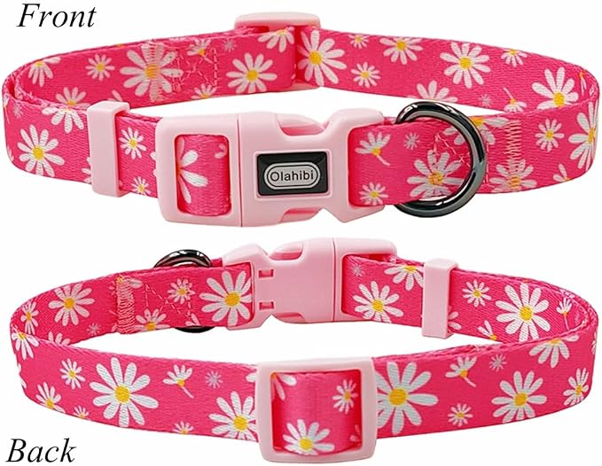 Dog Collar Leash Set, Floral Pattern, Polyester Material, Adjustable Collar and 5ft Matching Leash, for Small Dogs.(S, Pink Daisy)
