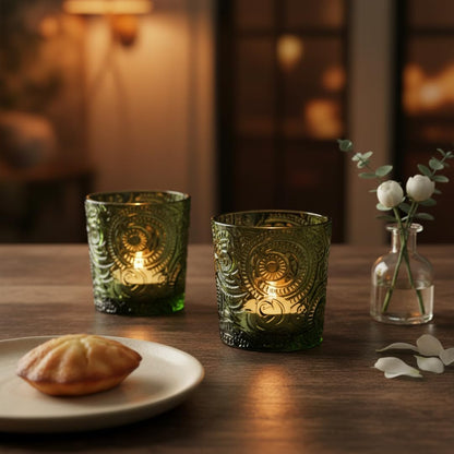 Moss Green Sun Moon Stars Glass Tealight Holders, 12 Pack