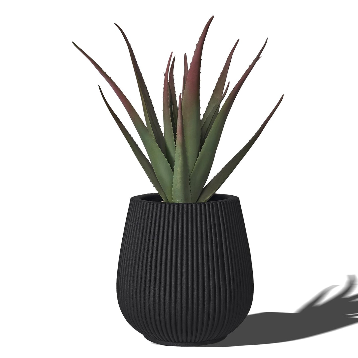 TerraDeco 16 Inch Handmade Concrete Outdoor Planter - Classic Striped Design | Fiberglass & Composite Material | Durable for Commercial & Home Decor (Black, Pear-Shaped)