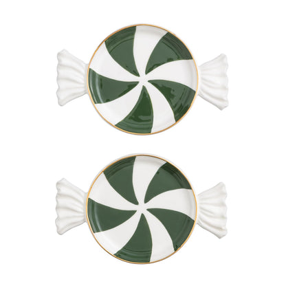 Mud Pie Christmas Green Peppermint Tidbit Plate Set of 2