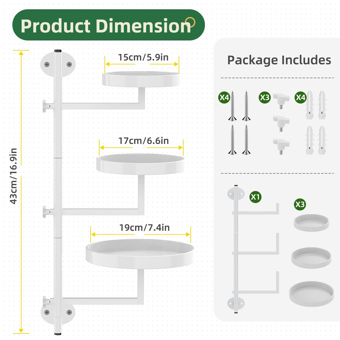 Gaoymsym Wall Mount Plant Holder Outdoor Rotating Window Plants Shelves Metal Wall Plant Stand 3 Tier Wall Planters for Indoor Plants, for Outdoor, White