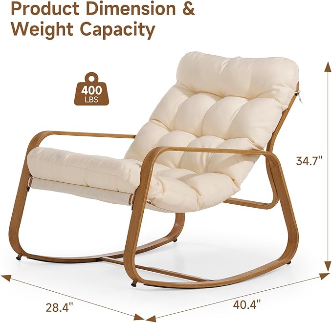 ONBRILL Rocking Chair with Thick Cushion Outdoor Indoor, Premium Iron Wood