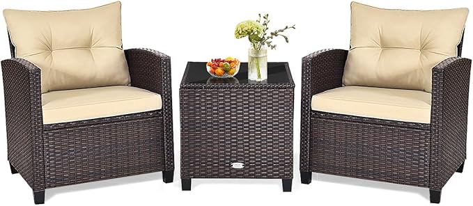 HAPPYGRILL 3 Pieces Patio Conversation Set, Outdoor Furniture Set PE Rattan