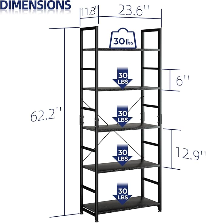 NUMENN 5 Tier Bookshelf, Tall Bookcase Shelf Storage Organizer, Modern Book