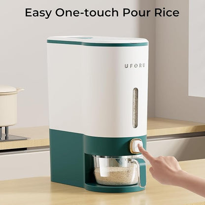 UFORU Rice Dispenser, Rice Storage Container with Measuring Cup for Kitchen Pantry Household, Dry Food Storage Containers Airtight, Sealed Moisture Proof (Green 11 Lbs)