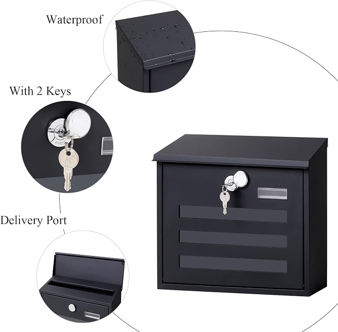 Locking Mailbox Wall Mounted Vertical- Jssmst mailboxes with Key Lock Large Capacity, Key Lock Drop Box Large Capacity with Galvanized Cover and Rust-Proof Metal, 13 x 11.8 x 4.1 Inch SM-HPB918