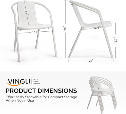 VINGLI PE Rattan Outdoor Dining Chairs Set of 2, Plastic Stackable Patio Chairs for Indoor, Porch, Restaurant, Garden, White