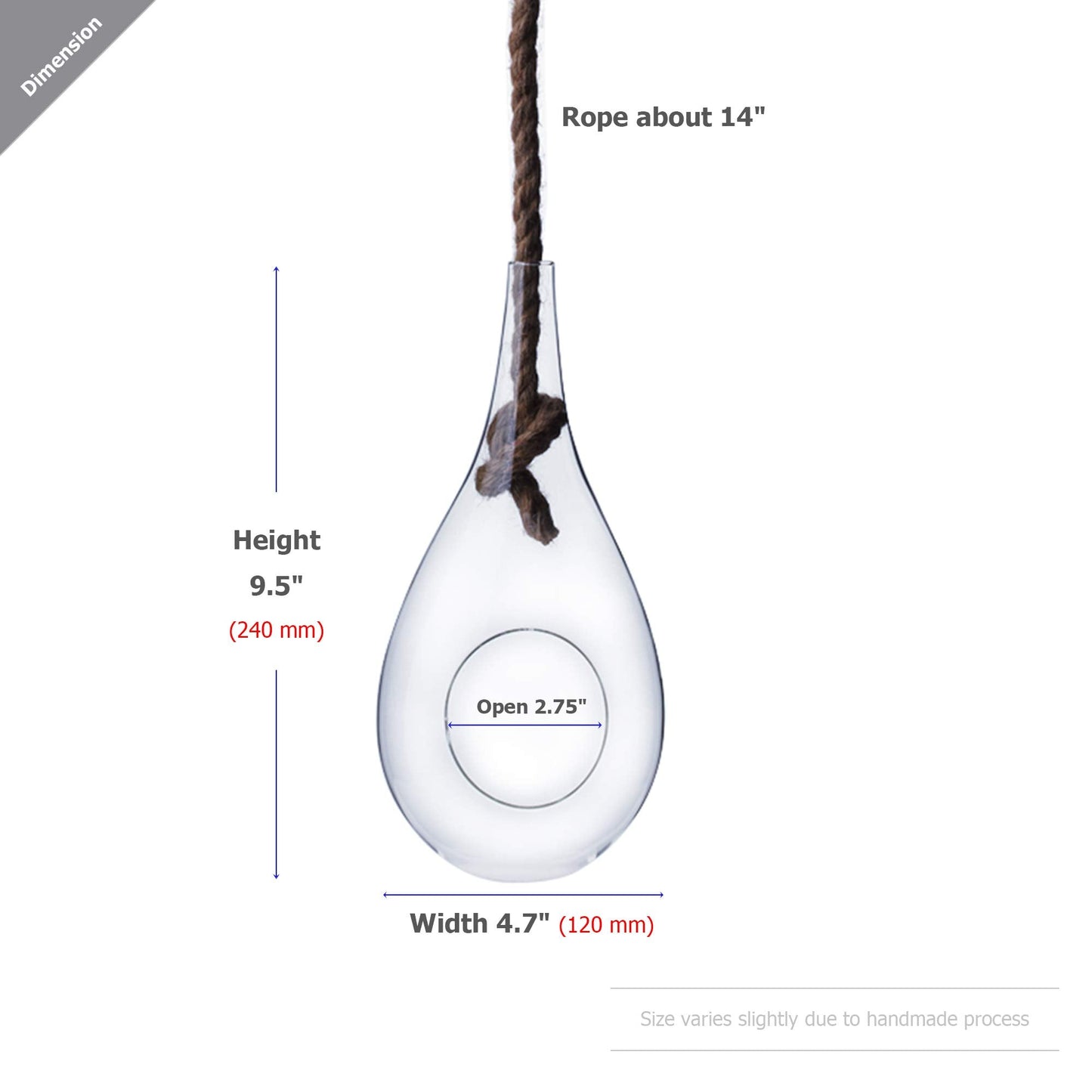 WGV Hanging Planter Terrarium, Width 5", Height 9.5", DIY Clear Glass Succulents Air Teardrop Floral Container (Including Rope), Candle Holder Vase for Outdoor Indoor Decor, 1 Piece