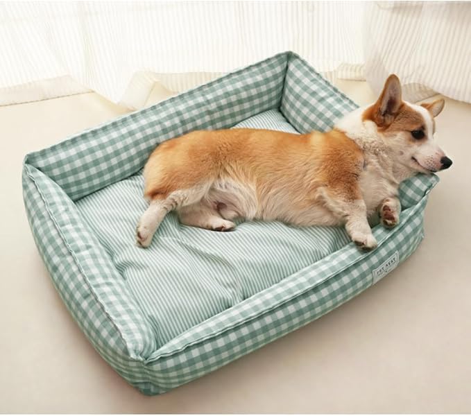 Orthopedic Rectangle Dog Bed for Medium Small Dogs, Plaid Plush Modern Puppy Sofa Bed with Anti-Slip Bottom, Cute Calming Pet Bed(Red,X-Large)