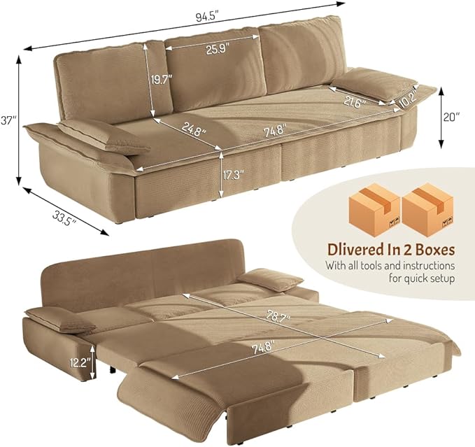 KEIKI 94.5'' King Sleeper Sofa Bed, Space-Saving 3-in-1 Pull Out Futon Couch
