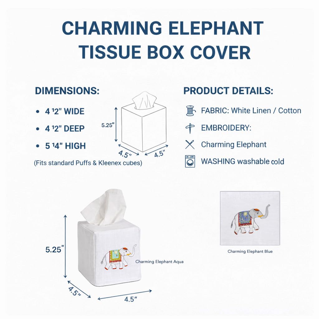 Jacaranda Living Square Tissue Box Cover, Linen/Cotton Tissue Holder, Decorative Cloth Tissue Cover, Fits Standard Square Tissue Boxes, Embroidered Animal Designs, Charming Elephant (Blue)