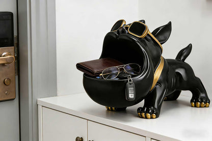 CUZOKOLA Large French Bulldog Tray Statue Cute Dog Candy Dish Modern Entryway Table Keys Candy Bowl for Office Desk Funny Animal Storage Sculpture Figurine with Big Mouth Gold Glasses for Home Decor