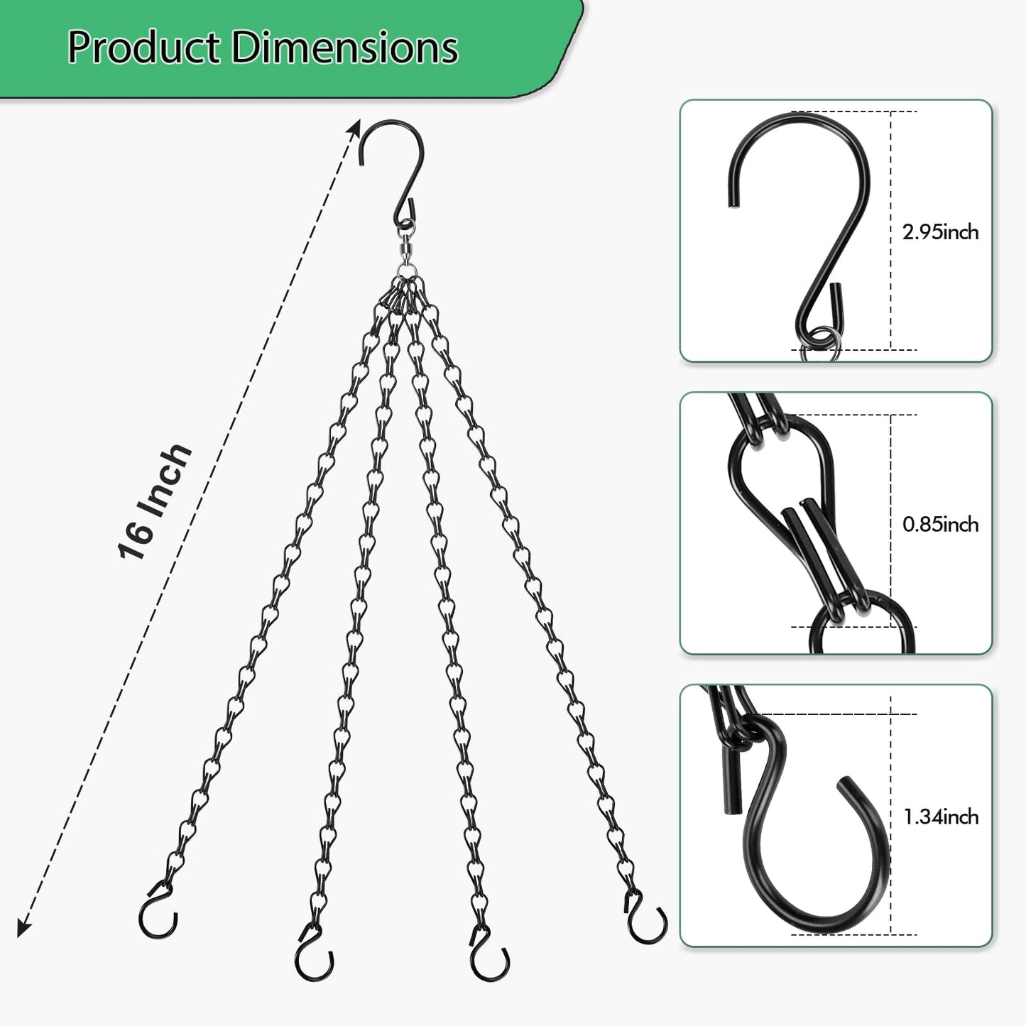 Heybe 16 inch Hanging Basket Chains 4 Point,3 Pack Thicker Chain for Hanging Plants 4 Lead, Hanging Planter Chain 4 Hooks (16 Inch-4 Point-Swivel)