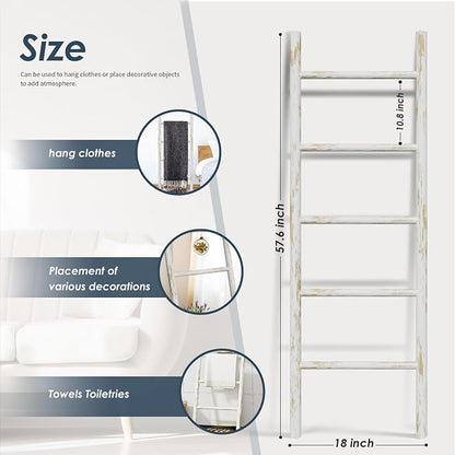 Delywh Wooden Blanket Ladder, 4.8ft Throw Blanket Holder for Living Room, Bedroom, Rustic Decorative Quilt Towel Rack Stand Ladders, Farmhouse Wood Ladder Home Decor for Blankets Display