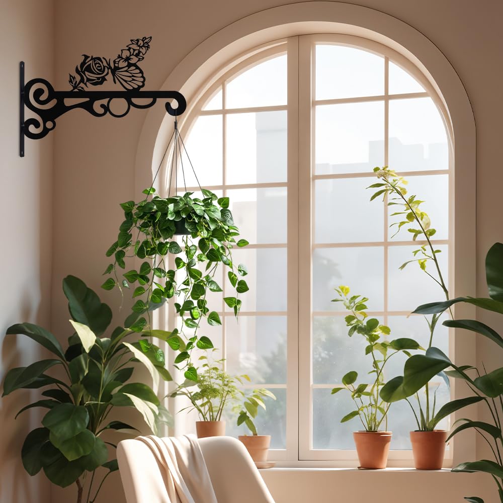 hogardeck Plant Hangers Outdoor Decor, 2 PCS 10” Metal Hanging Plant Bracket with Buttterfly and Flower for Garden Patio Yard Decor, Plant Hooks for Hanging Plants, Bird Feeder, Wind Chime, Lantern