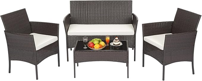 FDW | 4-Piece Patio Furniture Set | Brown | Outdoor Wicker Furniture