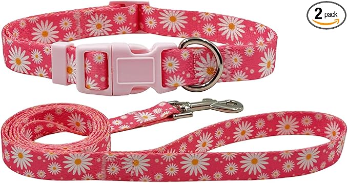 Dog Collar Leash Set, Floral Pattern, Polyester Material, Adjustable Collar and 5ft Matching Leash, for Medium Dogs.(M, Daisy)
