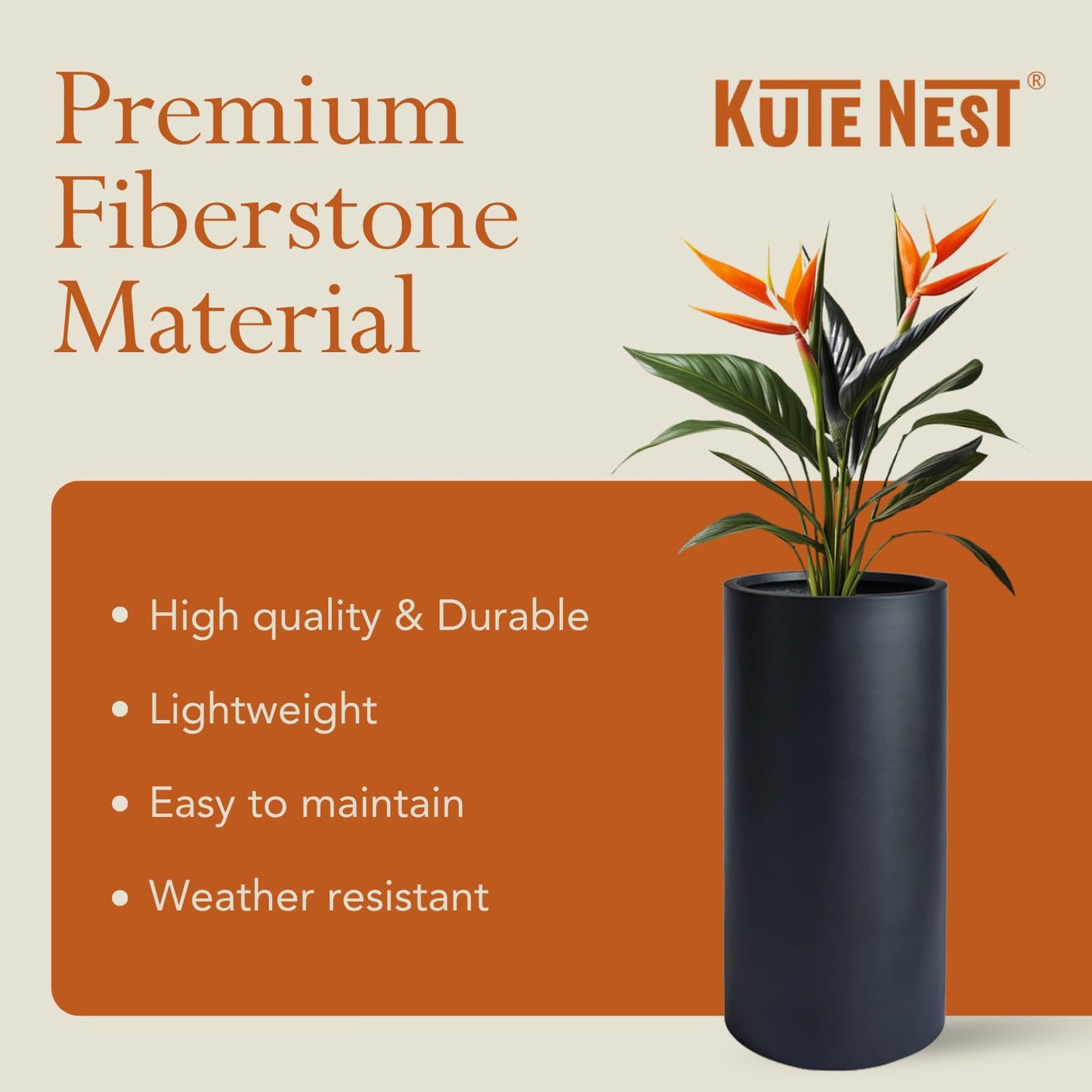 KUTE NEST 19.5" H x 9.8" D Premium Tubo Fiberstone Cylinder Tall Planter with Drainage Hole, Weather Resistant for Indoor and Outdoor Use, Included 2 Extra Coco Mats (Black, 8.2" Pot Opening)