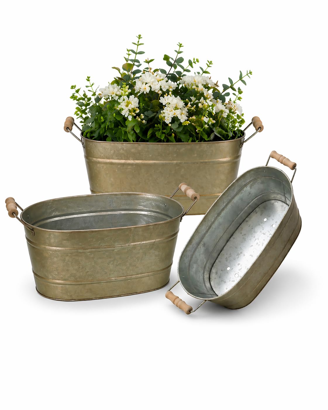 vensovo 15 Inch Galvanized Planters for Outdoor Plants - 3 Pcs Rustic Large Metal Flower Buckets with Drainage & Plug, Farmhouse Style Oval Planter Containers with Handles, Great for Home Decor